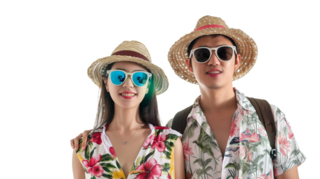 Attractive asian couple in summer vacation outfit isolated on white background , png transparent