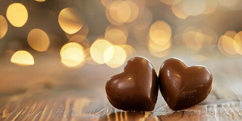 World Chocolate Day. two heart shaped chocolate on wooden table with bokeh background. Valentines Day