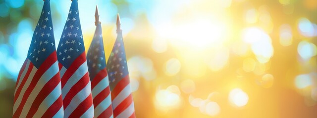 USA flags with a blurred bokeh and sunlight background