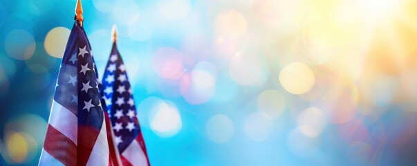 USA flags with a blurred bokeh and sunlight background