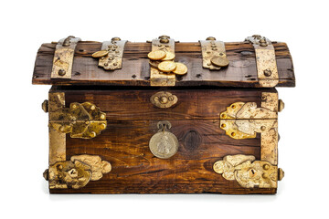 old wooden box with coins