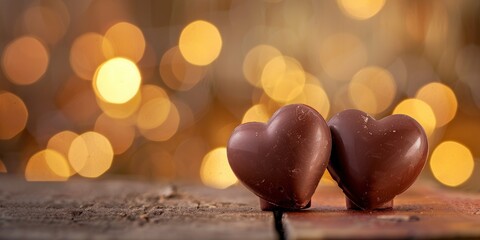 World Chocolate Day. two heart shaped chocolate on wooden table with bokeh background. Valentines Day