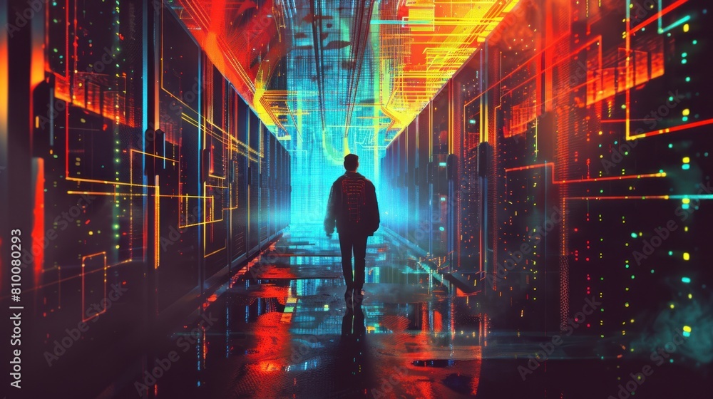 Poster man standing in server room of large data center. computer engineering and big data concept