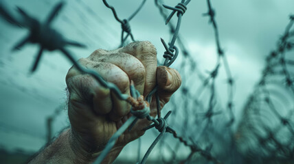 Hand holding onto a fence with barbed wire. - obrazy, fototapety, plakaty