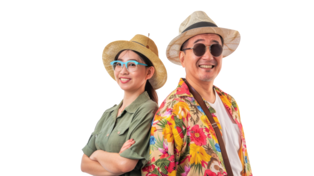 Attractive asian couple in summer vacation outfit isolated on white background , png transparent