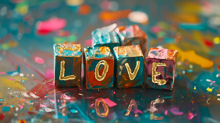 Fototapeta na wymiar colorful blocks with letters spelling the word LOVE in gold