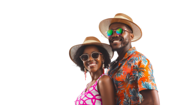 Attractive black couple in summer vacation outfit isolated on white background , png transparent 