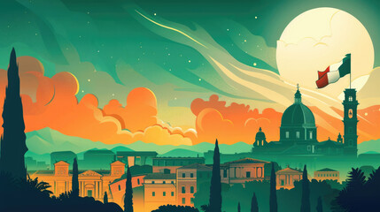 flat illustration, postcard, Republic Day in Italy, panorama of the Italian city against the background of the night sky and the big moon, the flag of Italy on the historical tower