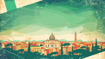 flat illustration, postcard, Republic Day in Italy, panorama of the Italian city, historical tower, copy space, free space for text