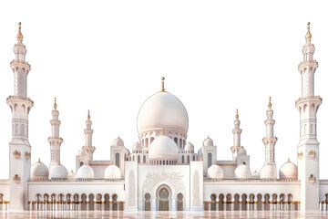 Fototapeta premium White mosque model with minarets and domes. Digital 3D rendering. Religious architecture and Islamic culture, isolated on a transparent background. PNG, cutout, or clipping path.