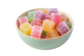 sugar coated gelatin gummy sweets in bowl, transparent background