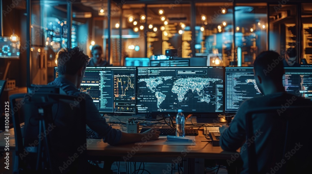 Aufkleber A collaborative team working late at night on AI development, with multiple screens displaying code and AI models. The team is engaged in a brainstorming session. Generative AI.