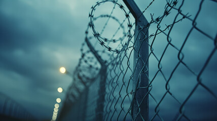 Barbed wire on top of a fence at dusk - obrazy, fototapety, plakaty
