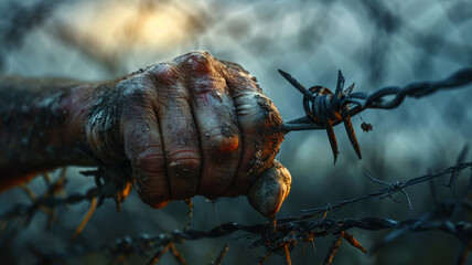 Dirty hand holding onto barbed wire.