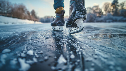 Two people ice skating on a frozen lake.