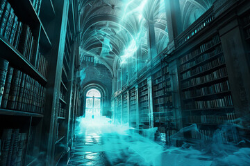 A grand, magical library acting as a portal to mystical worlds, with shelves of glowing books and a misty ambiance Perfect for an educational app promotion, symbolizing the adventure and wonder