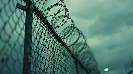 A barbed wire fence against a cloudy sky