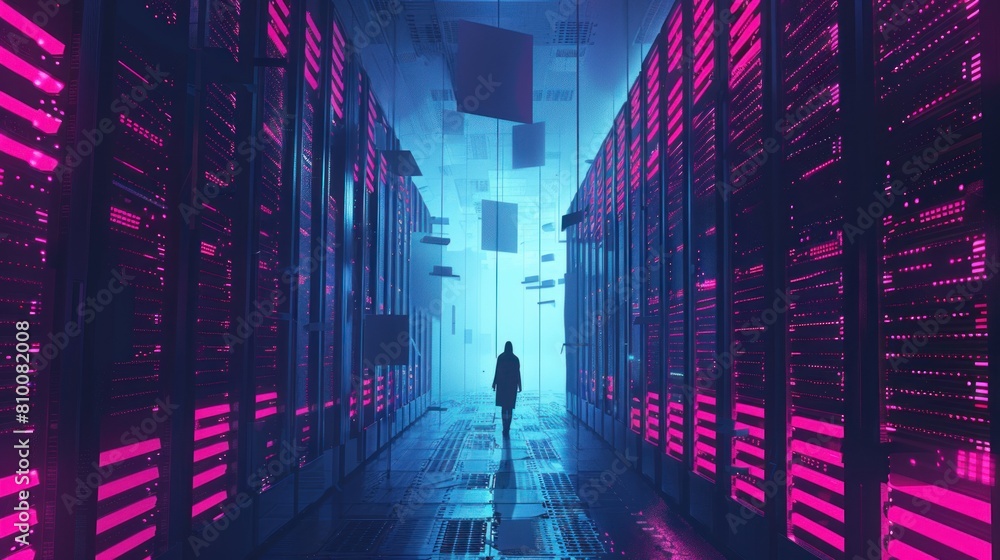 Poster man standing in server room of large data center. computer engineering and big data concept