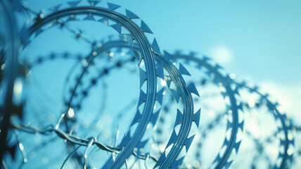 Coils of barbed wire against blue sky.