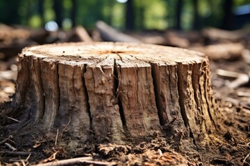 Fototapeta premium Detailed view of a tree stump with visible rings and rough bark, surrounded by natural forest ground
