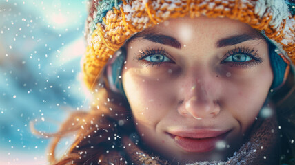 Fototapeta premium Woman with blue eyes in winter clothing smiling.