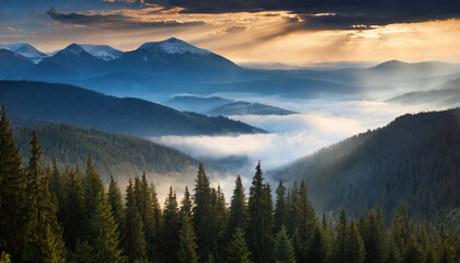 Majestic aerial view of misty fir forest nestled amidst fog-covered mountains, evoking serenity and natural beauty
