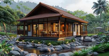 Obraz premium The charming 1-store house, simply designed with an uncovered balcony overlooking a peaceful stream. Generative AI.