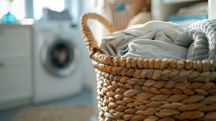 Wicker laundry basket with clothes in a room