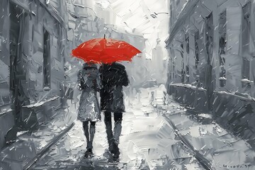 A couple under red umbrella in snowy day - Powered by Adobe