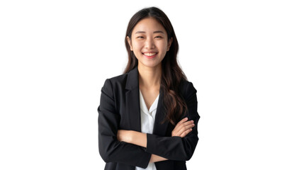 Young handsome asian woman happy face smiling with crossed arms looking at the camera. Positive Successful businesswoman, isolated on white transparent background 