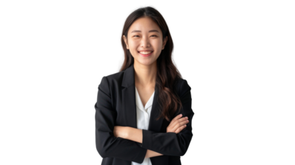 Young handsome asian woman happy face smiling with crossed arms looking at the camera. Positive Successful businesswoman, isolated on white transparent background 