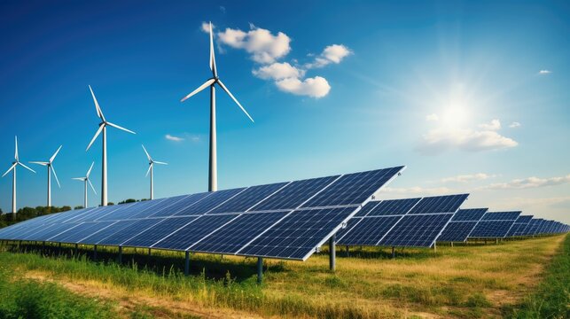 a thriving green energy farm with rows of solar panels and wind turbines under a clear blue sky