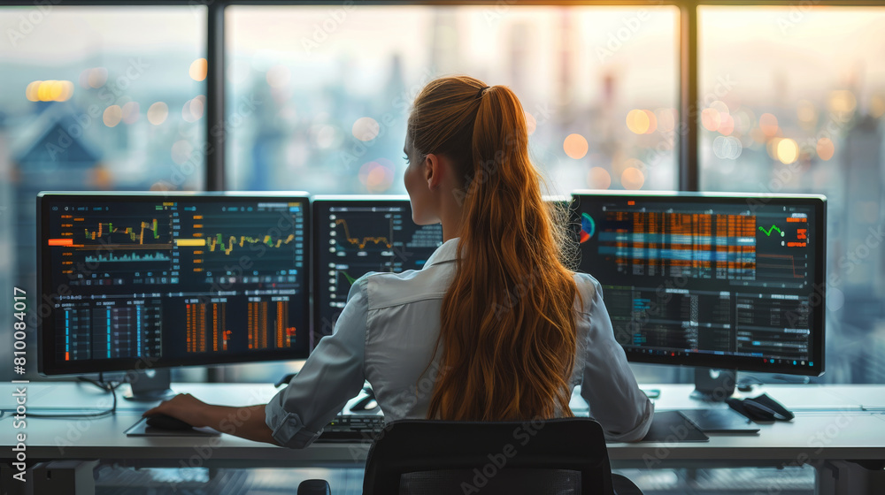 Poster a woman sitting in a modern office. the high-tech screens around her still display complex graphs an