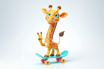 cartoon character, giraffe skateboarder, for kids, smile, front view © Elena