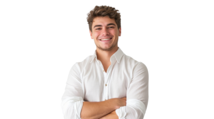 Young handsome caucasian man with crossed arms looking at the camera. Positive Successful businessman, isolated on white transparent background