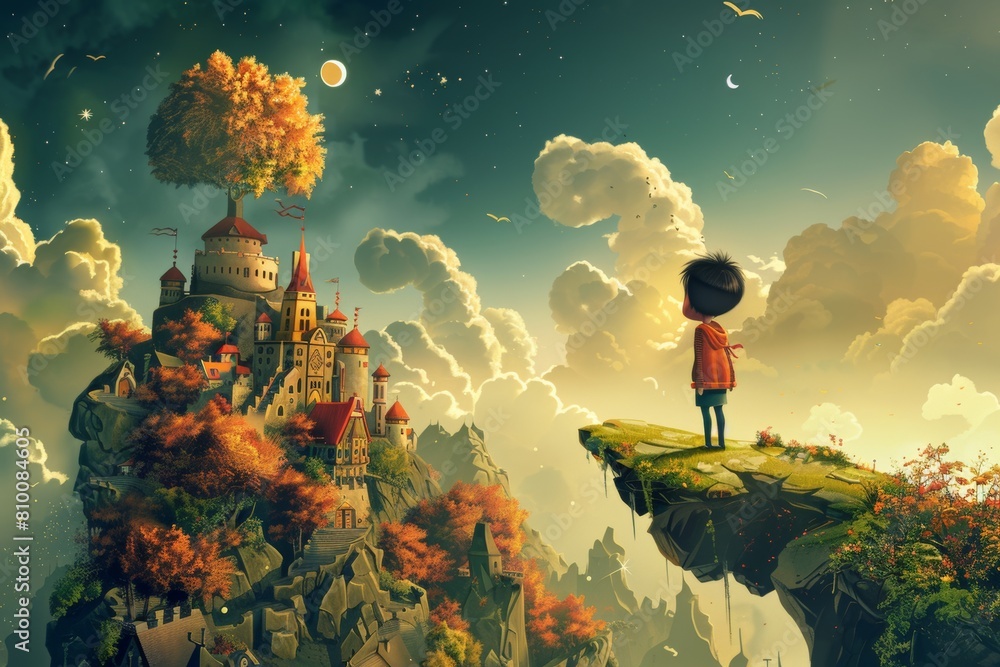 Poster a child is standing on a cliff overlooking a castle. the castle is surrounded by trees and has a lar