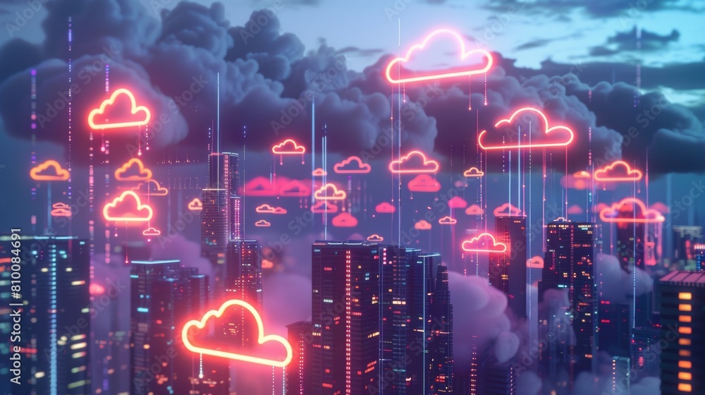 Poster digital clouds and data streams hover above a neon-lit futuristic city skyline