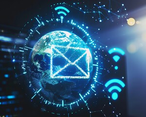 High-resolution graphic of telecommunication symbols, email envelope and wifi signals emerging from a computer beside a stylized Earth