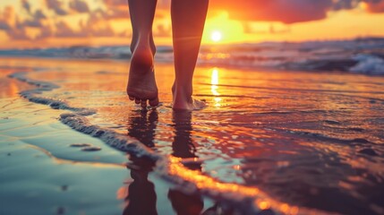 Low angle view of girls feet walking on beach at sunset hyper realistic 