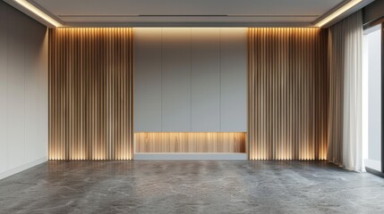 Modern empty room with gray slat wall and built-in wooden cabinet. 3d rendering hyper realistic 