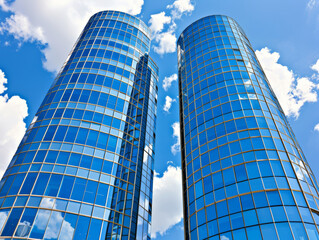 Two tall buildings with blue glass windows