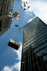 from an open window on a high floor of a financial building, a briefcase has been thrown open, scattering documents in the air.