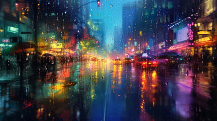 A rain shower transforms a city street into a canvas of reflected neon lights