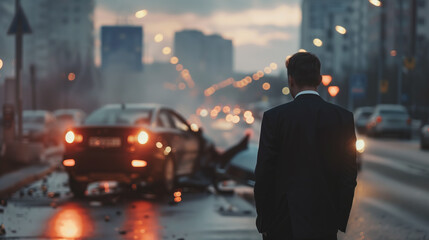 desolate businessman, looking at the camera, he is in front of his car, which suffered a traffic accident