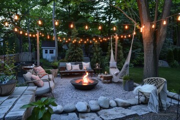 Cozy backyard with string lights, fire pit, and comfortable seating at dusk