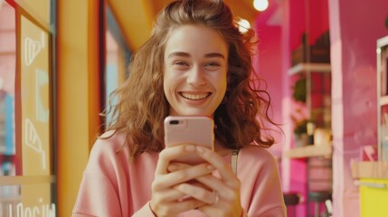 Portrait of positive cheerful girl use smart phone share social media news hyper realistic 