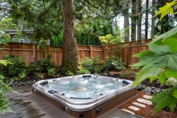 Luxurious hot tub in a serene backyard garden with lush greenery.