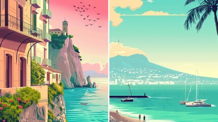 Set of Italy Travel Destination Posters in retro style. Naples, Sorrento seascape digital prints....