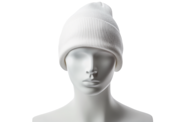 white plain beanie with mannequin isolated,  transparent  background