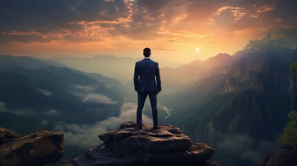 The picture shows a man standing on a cliff, looking out at a beautiful landscape